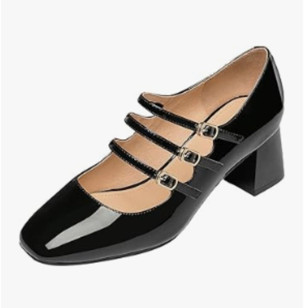 YDN Black Comfortable Square Toe Mary Jane Slip On Block Heel Triple Strap Pumps